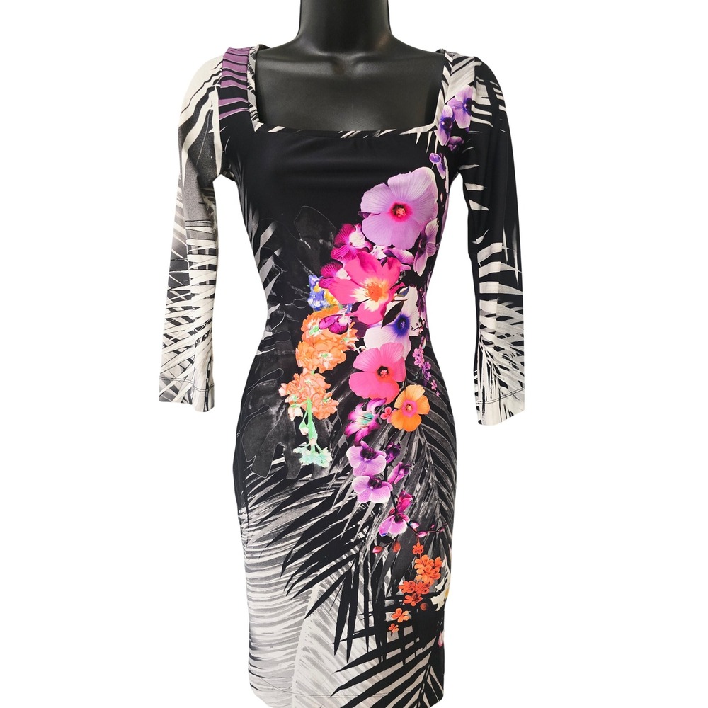 Fuzzi Italy Floral Palm Print Square Neck Bodycon Dress Black Pink Orange Size S